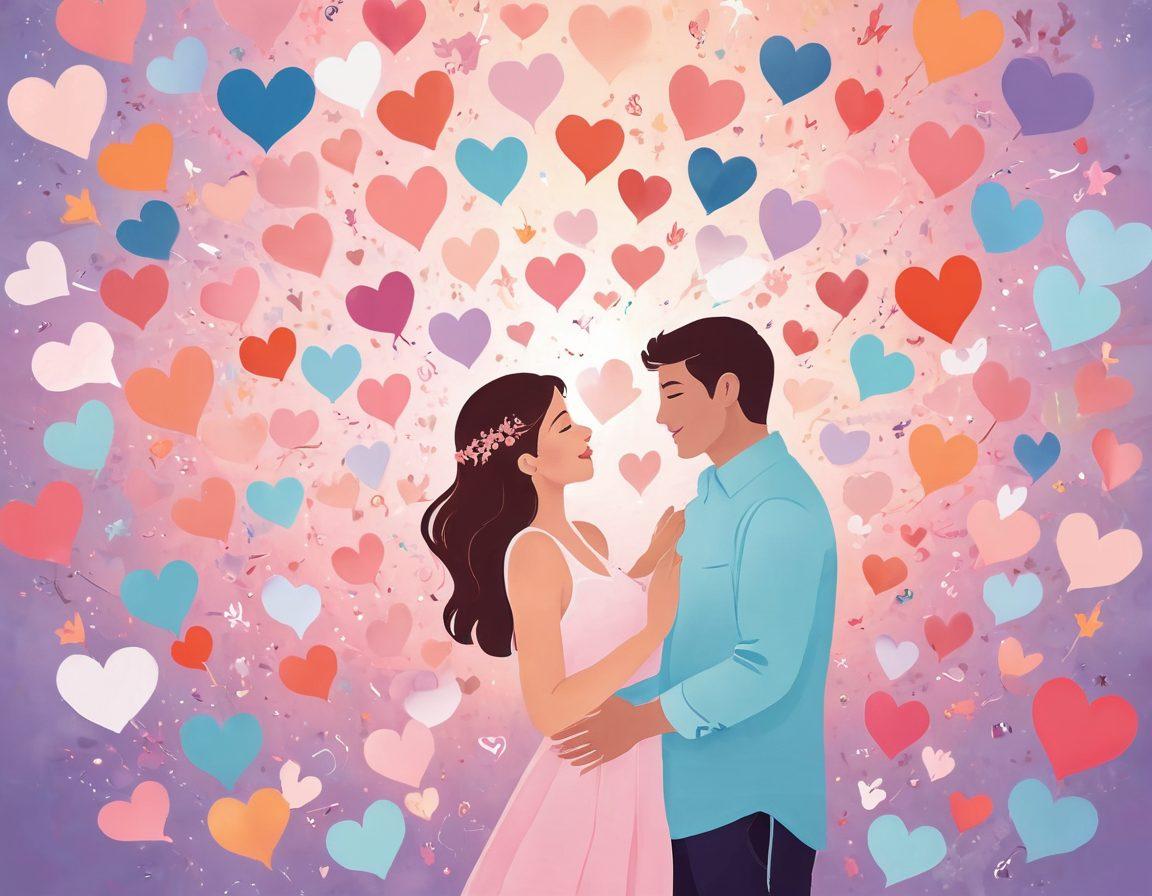 A whimsical illustration of a loving couple surrounded by floating hearts, with a backdrop of soft pastel colors to evoke warmth and affection. Include playful elements like arrows from Cupid and romantic tokens like flowers and love letters scattered around them. Incorporate soft lighting to create a dreamy atmosphere. vector art. vibrant colors.