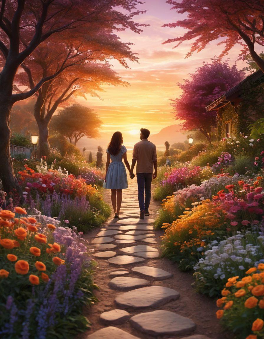 A beautifully intertwined path through a blooming garden, symbolizing the journey from friendship to love, with two silhouettes walking hand-in-hand, surrounded by colorful flowers and soft glowing lights, reflecting warmth and connection. A gentle sunset in the background adds a romantic touch. super-realistic. vibrant colors. soft focus.