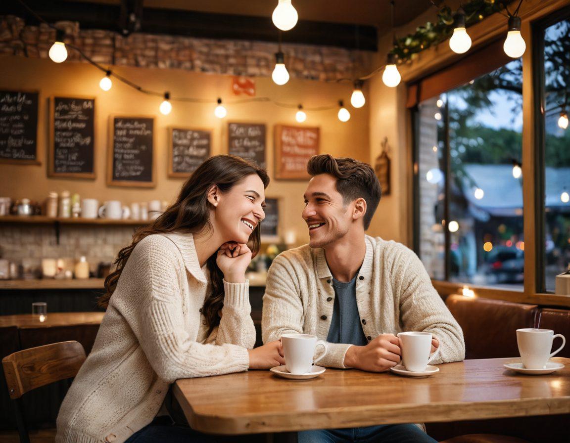 A warm and inviting scene of a couple sharing a genuine laughter in a cozy café, surrounded by soft lights and heartwarming decorations. Include subtle hints of advice notes around them, like quotes on love and connection, to enhance the theme of heartfelt relationships. The background should have a blurred view of other couples, emphasizing a sense of community and shared experiences. Soft pastel colors and a touch of romance in the air. vibrant colors. super-realistic.